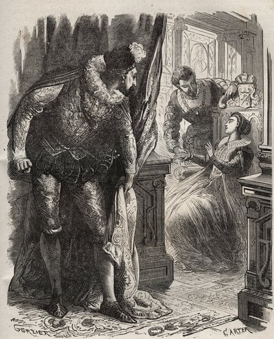 Henry Stuart dit Lord Darnley (1545-1567) surprit sa femme, la reine Marie Ière Stuart (1542-1587), avec son secrétaire particulier, David Rizzio (d. 1566). Gravure de 1871 dans "Histoire Des Cocus Célèbres" par Henry de Kock (1819-1892). - French School
