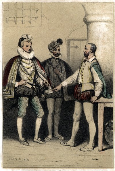 Henri III (1551-1589), roi de France, visitant Bernard Palissy, céramiste, emprisonné à la Bastille. Dans "Scènes de la vie des hommes célèbres" gravure en deux couleurs par Valerio. 1843. - French School