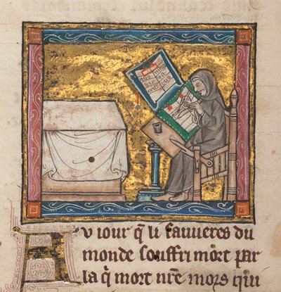 Ermite écrivant à un bureau, miniature de «Estoire del Saint Graal, La Queste del Saint Graal, Morte Artu», c.1315-25 - French School