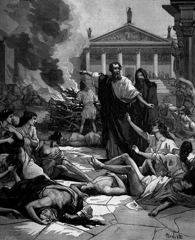 Hippocrate, médecin grec, arrive à Athènes pour combattre la peste en allumant de grands feux - French School