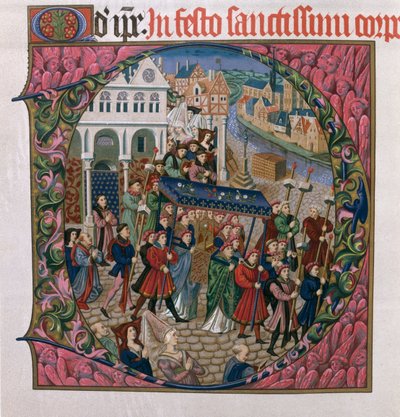 Initiale historiée D représentant une procession religieuse sur la Place de Grève, Paris au 15e siècle (édition fac-similé du Missel de Jouvenel des Ursins) - French School