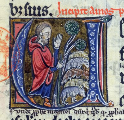 Initiale historiée U représentant le prophète Amos guidant son troupeau, d
