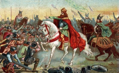 Histoire de la Gaule au Moyen Âge : les Saxons germaniques agenouillés devant le roi Charlemagne qui a remporté les guerres. Chromolithographie de la fin du 19e siècle. - French School
