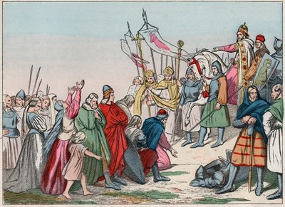 Histoire de la Gaule au Moyen Âge : Saxons germaniques agenouillés devant le roi Charlemagne (742 - 814), vainqueur des guerres - Gravure de la fin du 19ème siècle dans "Nos Gloires Nationales - Images et récits" - French School