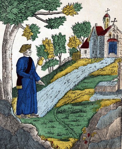 Histoire des quatre fils Aymon; Maugis, après avoir fait Charlemagne prisonnier, se rendit dans un ermitage pour y faire pénitence, image d