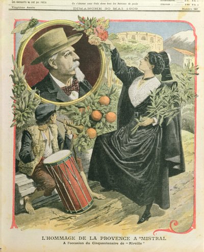 Hommage à Frédéric Mistral (1830-1914) pour le cinquantième anniversaire de la publication de Mireille, illustration de Le Petit Journal, 30 mai 1909 - French School