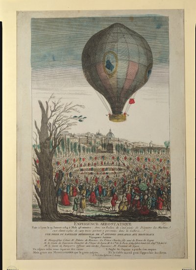 Expérience de montgolfière par les frères Montgolfier et François Pilâtre de Rozier (1754-85) à Lyon, le 19 janvier 1784 - French School