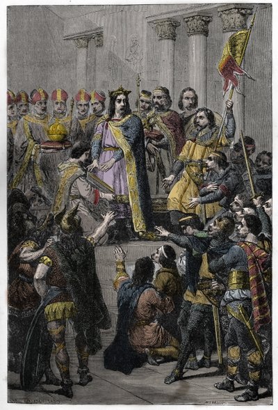 Hugues Capet élu roi - Couronnement de Hugues Capet (ca. 941-996), roi de France, le 3 juillet 987 à Noyon, par Adalbéron (ca. 925-990), archevêque de Reims. - French School