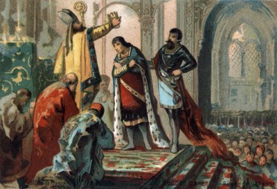 Hugues Capet, roi de France de 987 à 996, fait sacrer son fils, le futur Robert II le Pieux (972 - 1031), par Adalbéron (vers 925-990), archevêque de Reims, à la cathédrale d