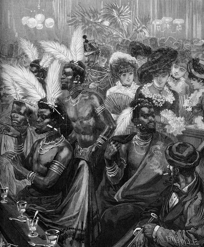 Zoo humain : guerriers zoulous exposés dans une loge au Cabaret des Folies Bergères (Folies-Bergère) à Paris en 1879. Gravure dans « Le Monde Illustré » n°1178 du 21 novembre 1879 - French School