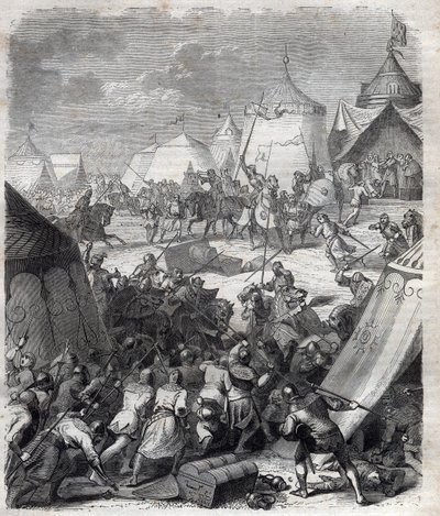 Guerre de Cent Ans : Bataille de Poitiers (1356). Gravure dans "Histoire des Papes (...) Crimes des Reines, Rois et Empereurs à travers les siècles" par Maurice Lachatre - French School