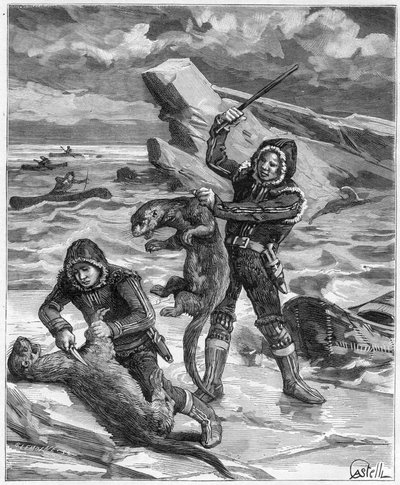 Chasseurs de loutres en Alaska - chasseurs de loutres en Alaska en 1888 - gravure dans «Journal des Voyages» 1888 - French School