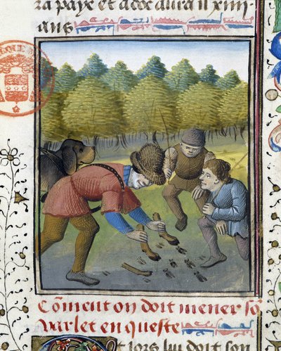Chasseurs et chien de chasse - dans « Livre de chasse de Gaston Phébus, comte de Foix, seigneur de Béarn » - French School