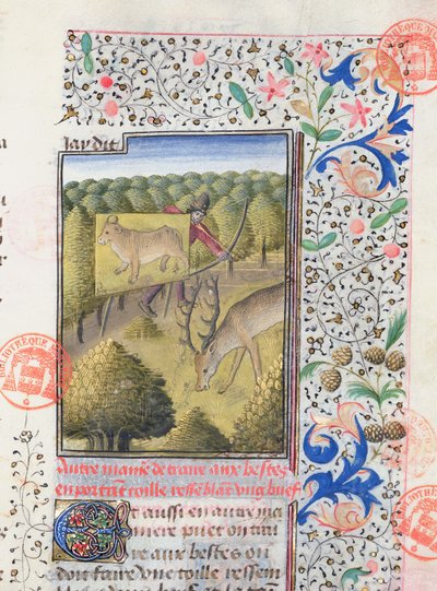 Chasseur se cachant derrière un leurre en chassant un cerf, du Livre de la Chasse par Gaston Phébus de Foix - French School