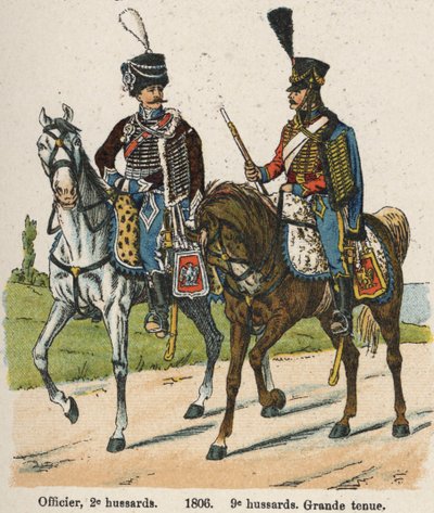 Hussards 1er vendémiaire An XII (24 septembre 1803) : Officier, 2e hussards et 9e hussards en grande tenue en 1806. Planche du livre Les Uniformes de l
