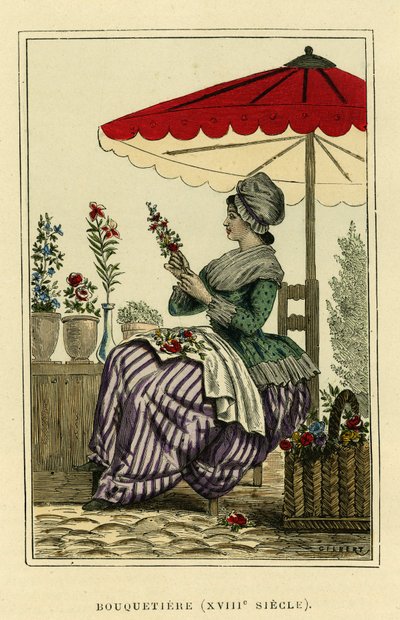 Costume de bouquetin du XVIIIe siècle. Gravure en couleur, dans « France et les Français à travers les siècles » par Augustin Challamel, éditeur F.Roy, Paris 1882. Collection Selva. - French School