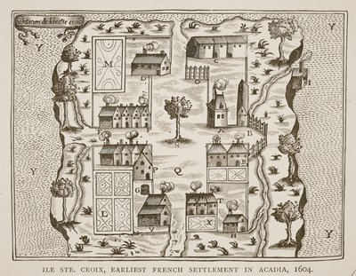 Île Ste. Croix, le premier établissement français en Acadie, 1604, des Voyages de Samuel de Champlain (c.1580-1635), 1613 - French School