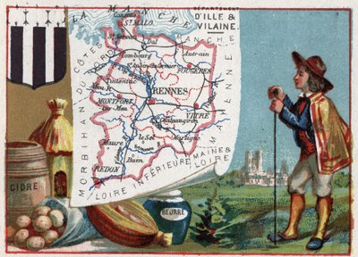 Ille-et-Vilaine (35), Bretagne, France. Cidre et beurre. Série sur les départements français. Chromolithographie « le fil géographique », vers 1920. Collection privée. - French School
