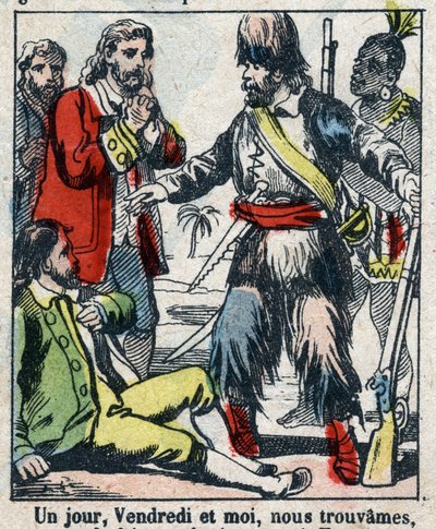 Illustration pour le livre de Daniel Defoe "Robinson Crusoé". Imagerie d