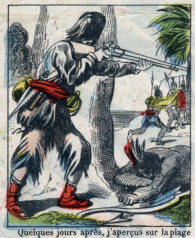 Illustration pour le livre de Daniel Defoe "Robinson Crusoé". Imagerie d