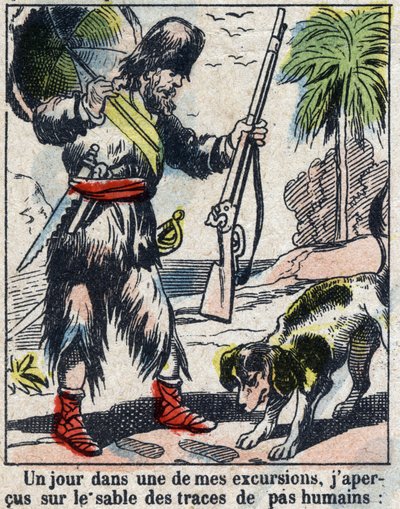 Illustration pour le livre de Daniel Defoe "Robinson Crusoé". Imagerie d