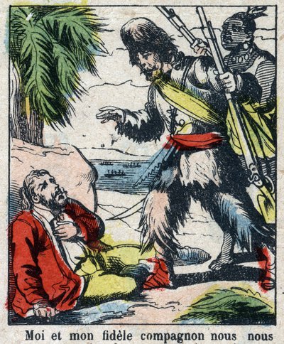 Illustration pour le livre de Daniel Defoe « Robinson Crusoé ». Imagerie d