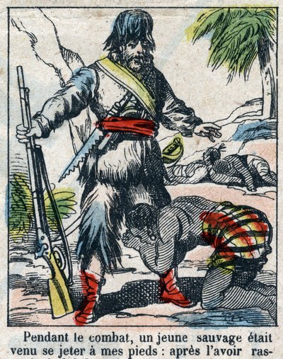 Illustration pour le livre de Daniel Defoe « Robinson Crusoé ». Imagerie d