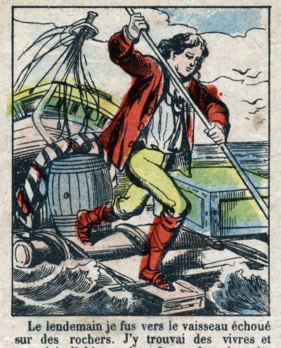 Illustration pour le livre de Daniel Defoe « Robinson Crusoé ». Imagerie d