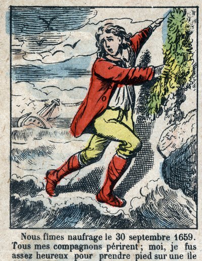 Illustration pour le livre de Daniel Defoe « Robinson Crusoé ». Imagerie d
