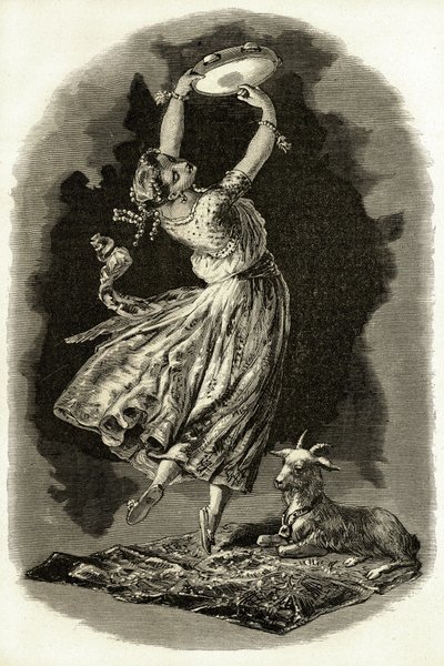 Illustration pour "Notre-Dame de Paris" de Victor Hugo: Esmeralda danse en jouant du tambourin à côté de sa chèvre, début du XXe siècle (lithographie) - French School