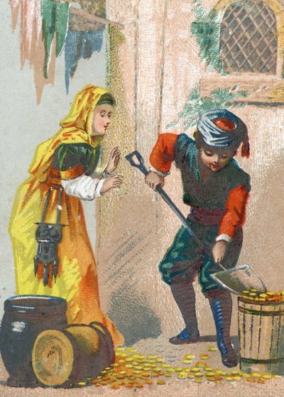Illustration pour les Contes des Mille et Une Nuits. Ali-Baba charge ses ânes d