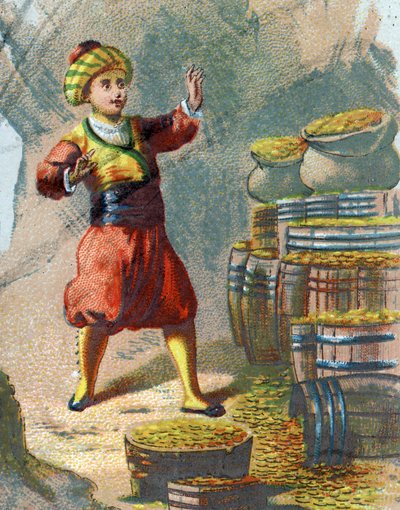 Illustration des Contes des Mille et Une Nuits. Ali Baba entre dans la grotte en disant, Sésame, ouvre-toi et voit des barils d