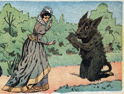 Illustration pour le conte « La Belle et la Bête » : la Bête demande à la Belle qui est soudain effrayée. Gravure de l