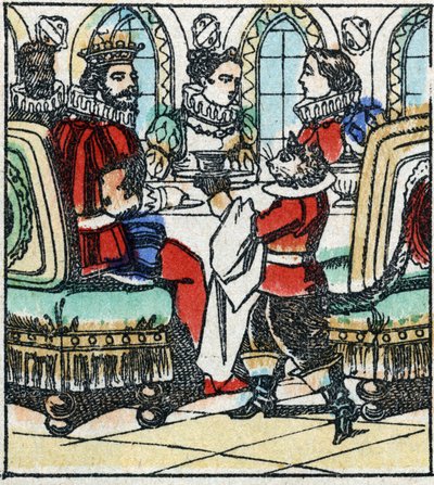 Illustration du conte de Charles Perrault « Le Chat Botté ». Gravure sur bois d