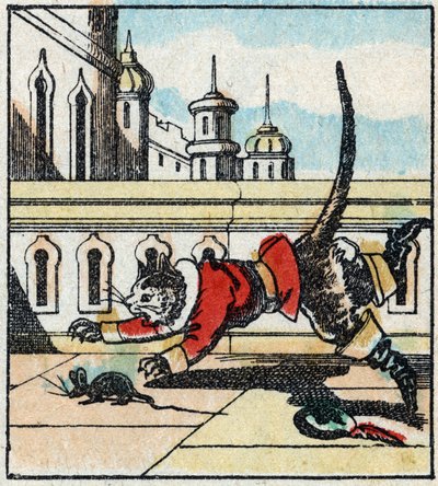 Illustration du conte de Charles Perrault « Le Chat Botté ». Gravure sur bois de l