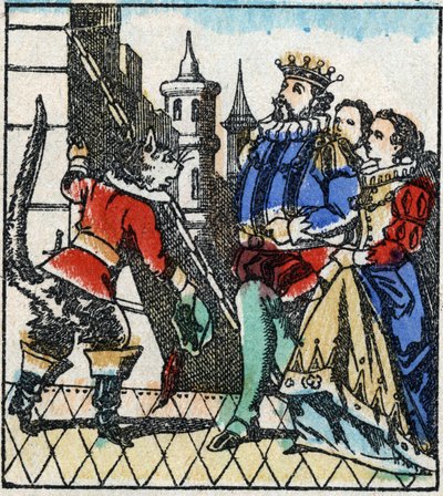 Illustration du conte de Charles Perrault « Le Chat Botté ». Gravure sur bois de l