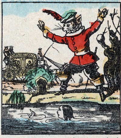 Illustration du conte de Charles Perrault "Le Chat Botté". Gravure sur bois de l