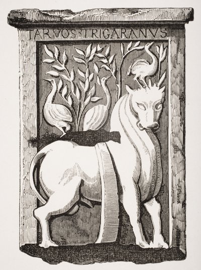 Image du Saint Bœuf monument celtique trouvé sous le chœur de la cathédrale Notre-Dame de Paris en 1711, de Le Moyen Age et La Renaissance par Paul Lacroix (1806-84) publié en 1847 - French School