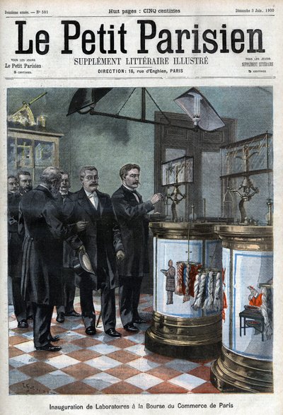 Inauguration des laboratoires à la Bourse de commerce : M. Masson, président de la Chambre de commerce de Paris, présente à Millerand, ministre du Commerce, les nouveaux locaux pour la condition des soies et laines et le laboratoire d