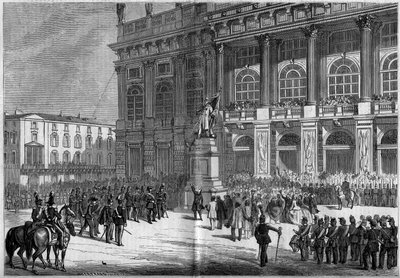 Inauguration du monument sarde par Vincenzo Vela (1820-1891), sur la place du Château à Turin (Italie) le 10 avril 1859. Derrière la statue se trouve le « Palazzo Madama ». Basé sur les croquis de M. Ferry. Gravure dans « Le Monde Illustré » n°106 du 23 av - French School