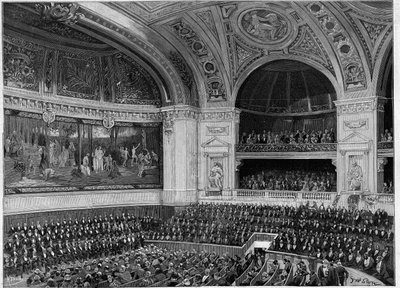 Inauguration de la nouvelle Sorbonne en 1889 : le grand amphithéâtre pendant la cérémonie. - French School