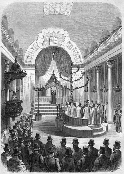 Installation du grand rabbin de la circonscription de Bordeaux, dans la synagogue de la ville en 1864. Gravure d