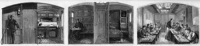 Vue intérieure du wagon médical et du wagon réfectoire d