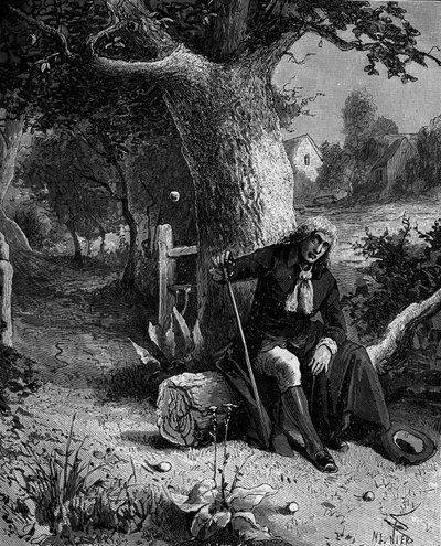 Isaac Newton (1642-1727), mathématicien et astronome anglais, découvrant la notion de gravité terrestre par une pomme tombant d