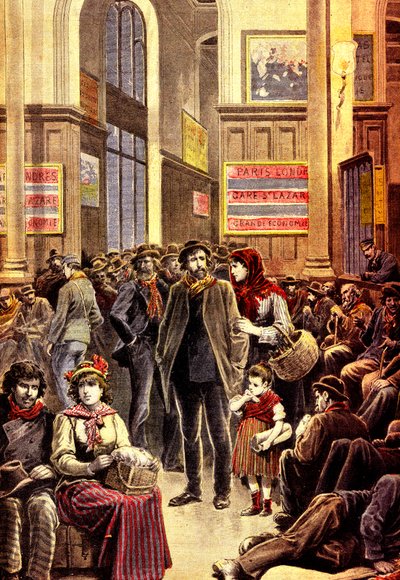 Émigrants italiens à Paris à la gare Saint-Lazare en mars 1896 (gravure) - French School