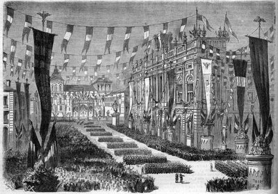 Unification italienne, Turin, 2 avril 1860 : décoration de la place du château (Piazza Castello) à l