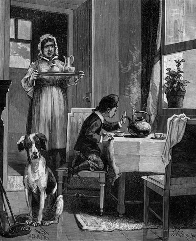 James Watt (1736-1819), enfant, découvrant les lois de la vapeur. - French School