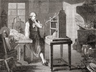 James Watt dans son atelier de Glasgow améliorant la machine à vapeur de Thomas Newcomen de 1712 avec sa machine à vapeur Watt en 1781, de Les Merveilles de la Science, pub.1870. - French School