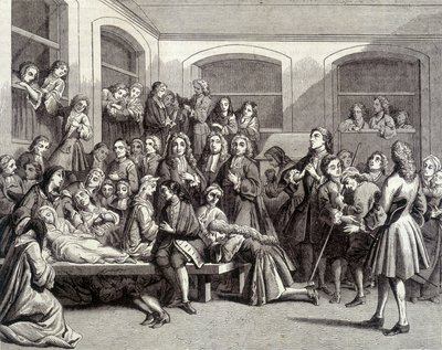 Jansénisme : les convulsionnaires du cimetière Saint-Médard sur la tombe du diacre Paris (1690-1727) où des « miracles » se sont produits. Gravure du 18ème siècle - French School