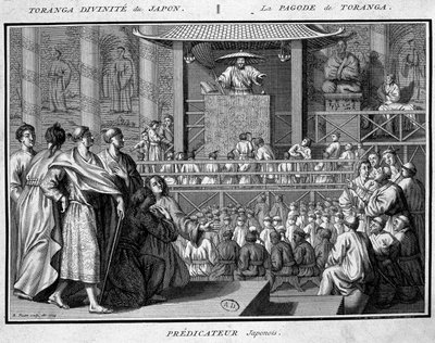 Prédicateurs japonais dans la pagode de Toranga, divinité du Japon - French School
